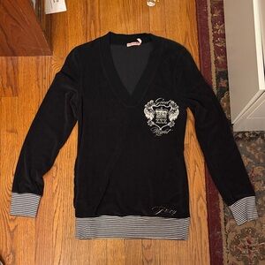 Juicy Couture Black V-Neck Sweater with Striped Accents
